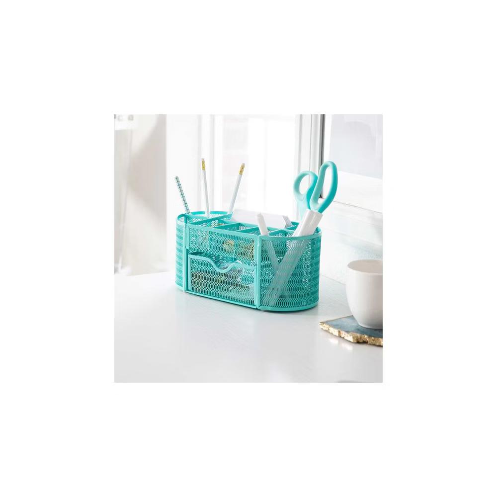 Blu Monaco Small Metal Mesh Desk Organizer with Drawer - Available in Aqua, Gold, and Pink - Image 5