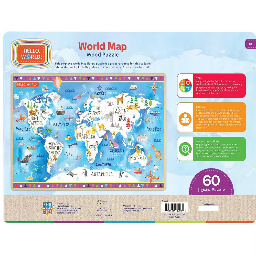 60 Piece Jigsaw Puzzle - Hello, World! Map Wood Puzzle