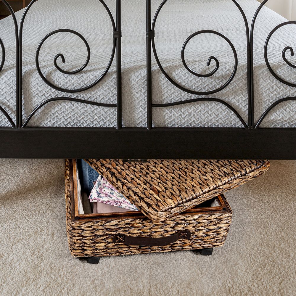 happimess Chett Minimalist Hand-Woven Hyacinth/Wood Underbed Storage Bin with Wheels and Handles - Image 2