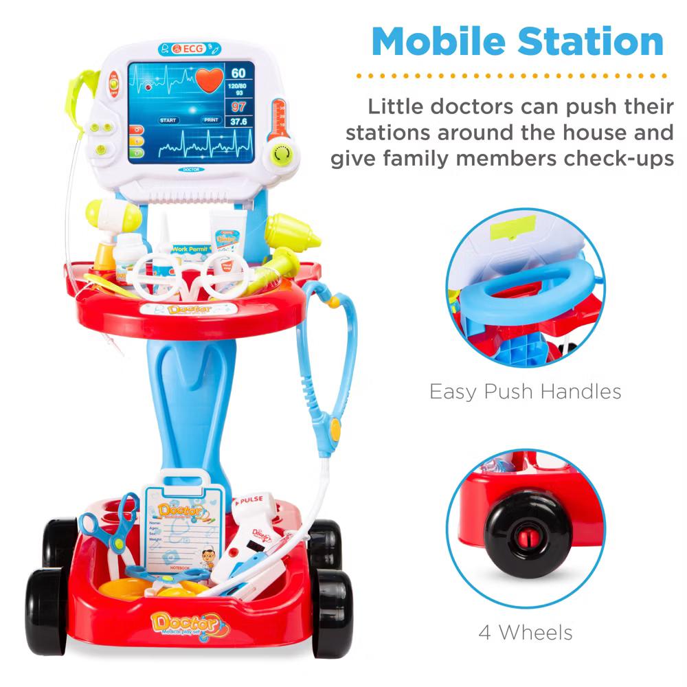 Play Doctor Kit for Kids, Pretend Medical Station Set with Carrying Case, Mobile Cart - Blue - Image 3
