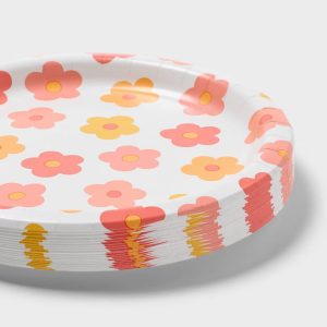 20ct Pink/Orange Retro Flower Dinner Paper Plates