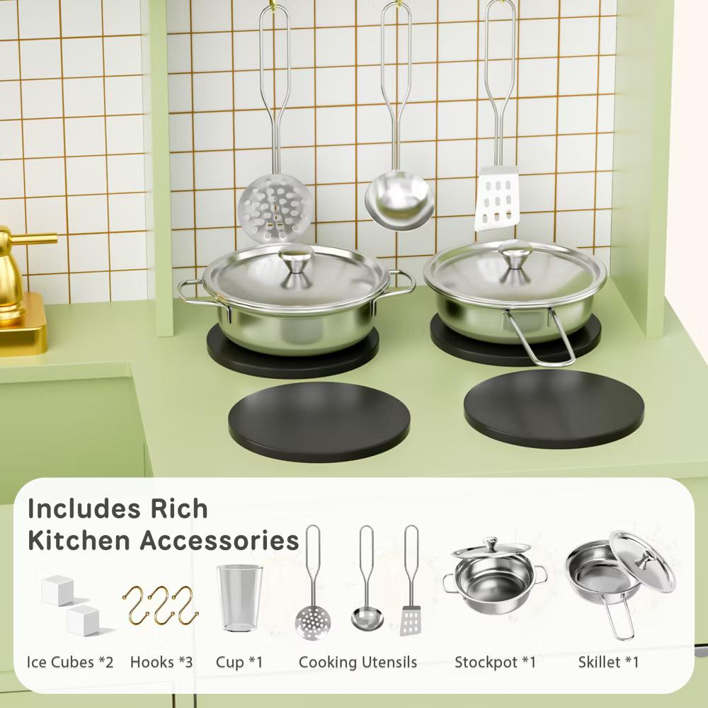 Wooden Play Kitchen with Running Water Sink, Clicking Stove Knobs, Microwave, Oven, Ice Maker & Storage, Ages 3+ - Image 22