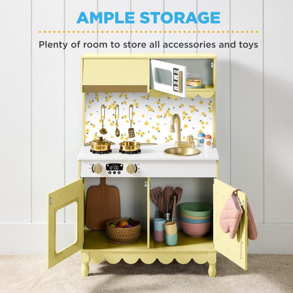 Wooden Cottage Kids Pretend Play Kitchen with 5 Accessories and Toy Storage - White - Image 24
