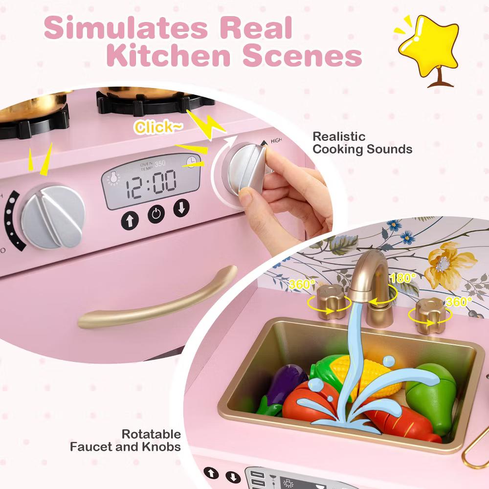 Kid's Pretend Play Kitchen Toddler Kitchen Playset with Blackboard Pink/White/Light Pink/Beige - Image 44
