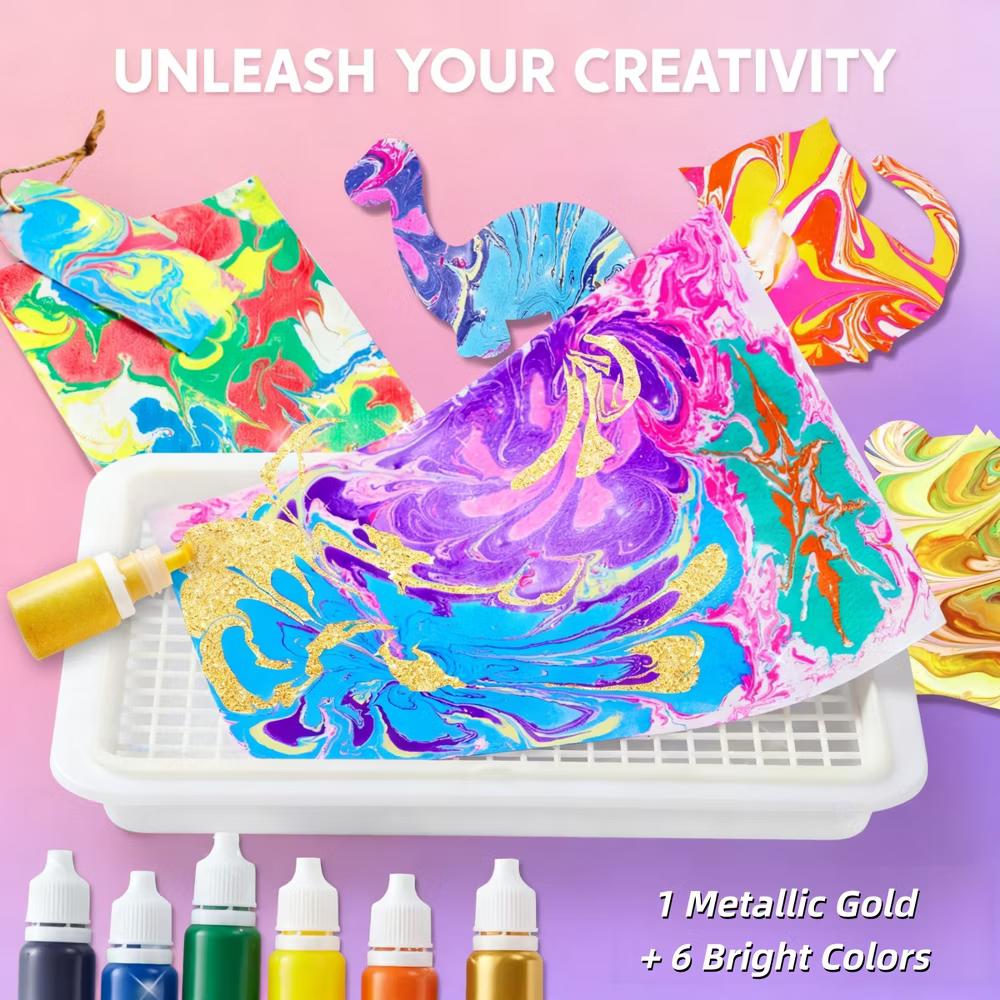Marbling Paint for Kids, Paint Art Kit with Glitter Paint & 6 Paint Colors, Arts and Crafts, Birthday Gift for Boys Girls Age 6+ - Image 3