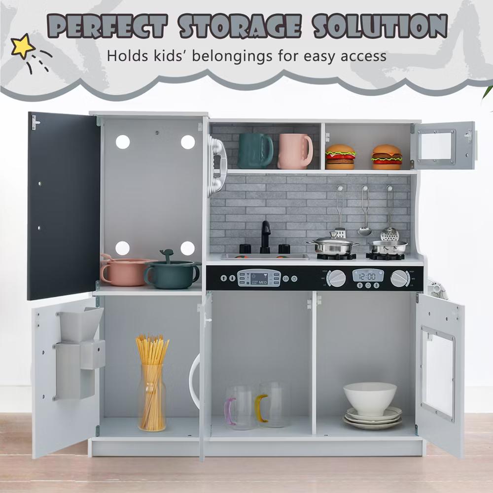 Kid's Pretend Play Kitchen Toddler Kitchen Playset with Blackboard Pink/White/Light Pink/Beige - Image 76