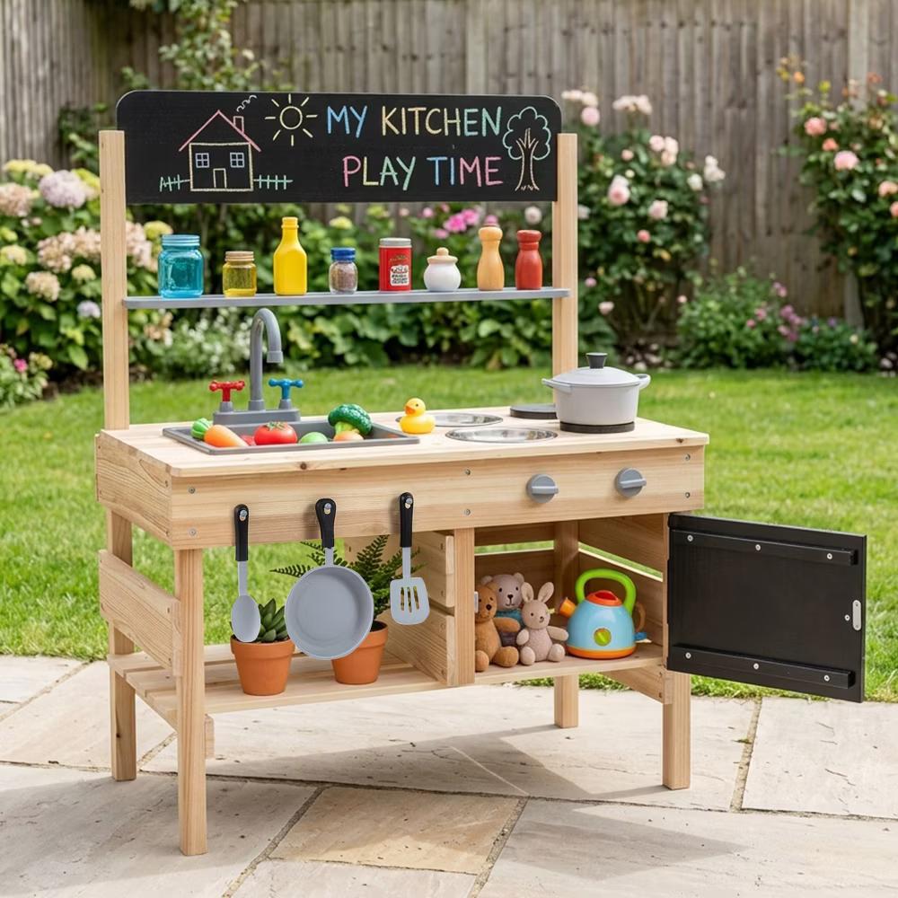 Outdoor Mud Kitchen for Kids, Wooden Play Pretend Kitchen with Cooking Accessories Natural - Image 3