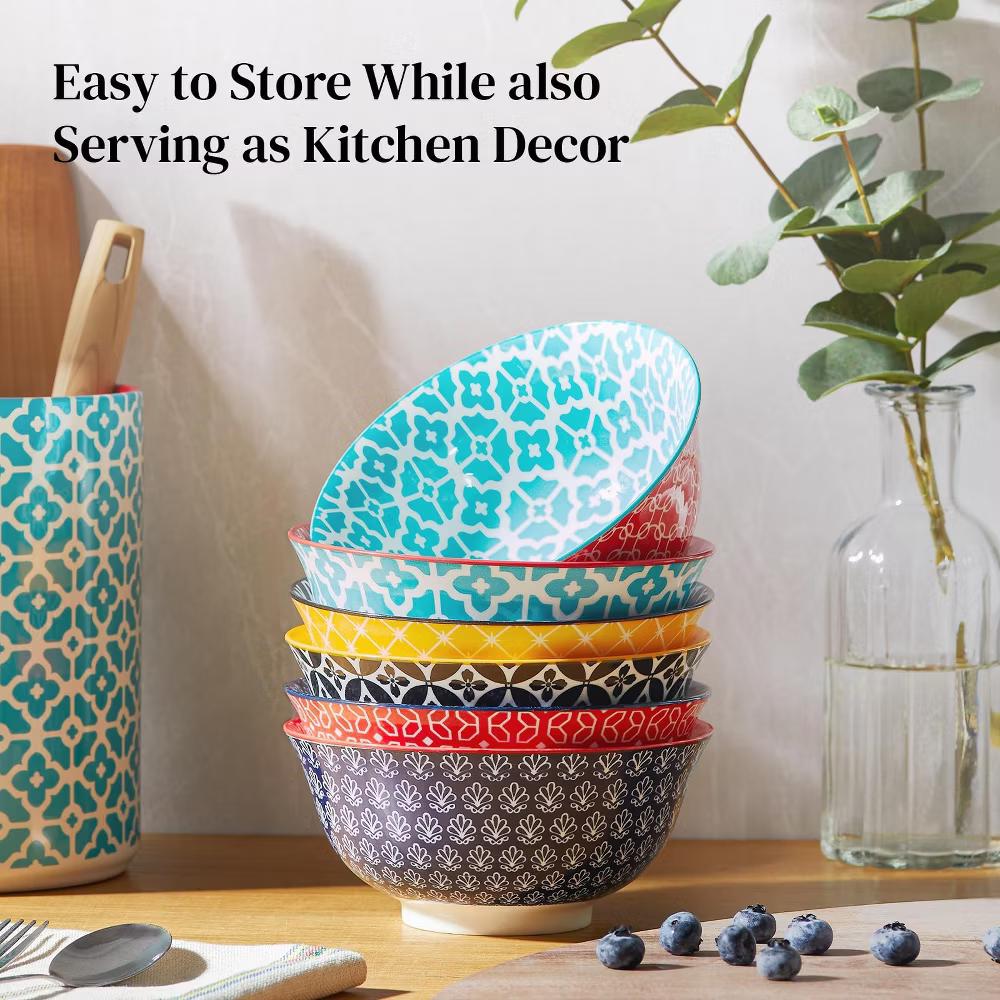Etokfoks Set of 6 23oz Ceramic Soup and Cereal Bowls Vibrant Colorful Geometric Porcelain Kitchen Bowls Dishwasher Microwave Safe - Image 5