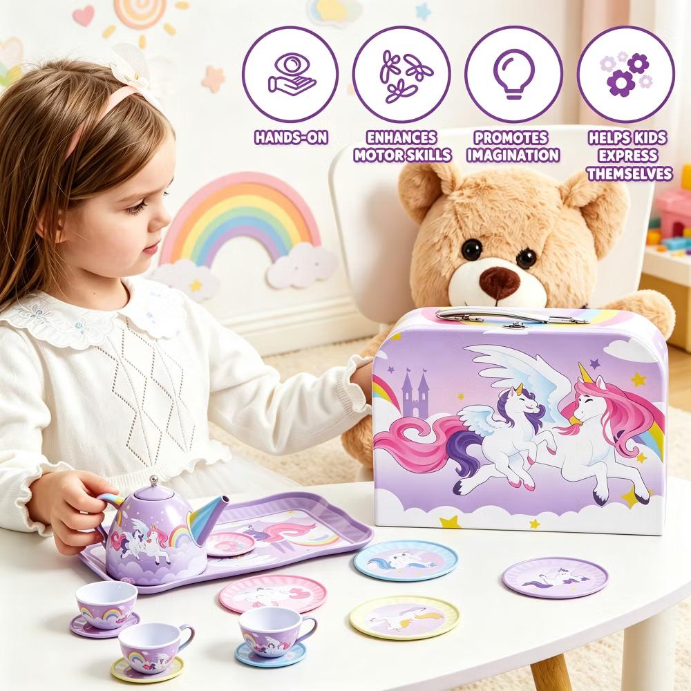 15PCS Unicorn Tea Party Set for Little Girls, Pretend Tin Teapot Set, Princess Tea Time Play Kitchen Toy w/ Case, Birthday Gift for Kids Age 3-6 - Image 6