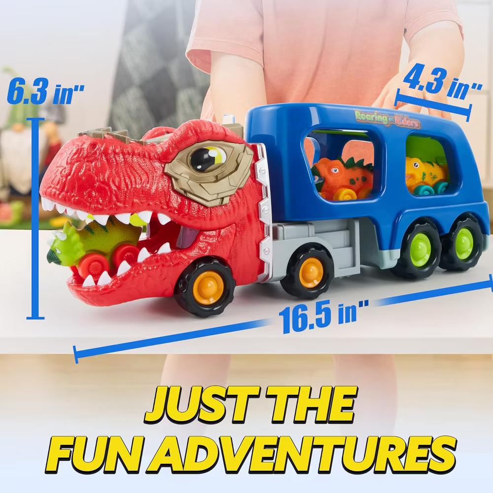 Dinosaur Truck Toys for Kids, Carrier Truck Car Toy with 6 Rubber Vehicle Figures, Music and Lights, Birthday Gift for Boys Ages 3 4 5 6 - Image 3