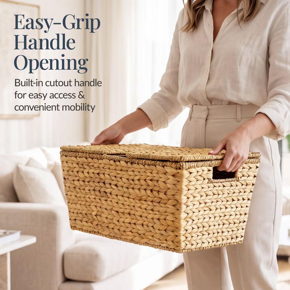 Set of 2 X-Large & Medium Woven Storage Baskets W/Lids, Hyacinth Nesting Organizer Bins - Natural - Image 19