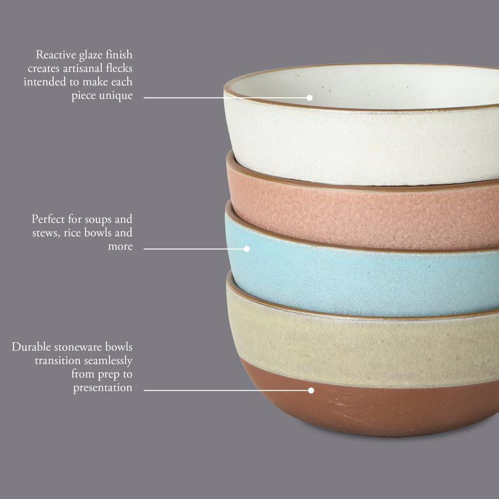 William Crest 4 Piece Cereal Bowl Set, 6.25” Round Stoneware Bowls, Reactive Glaze Finish, Soup & Snack Bowls, Dishwasher Safe - Image 2