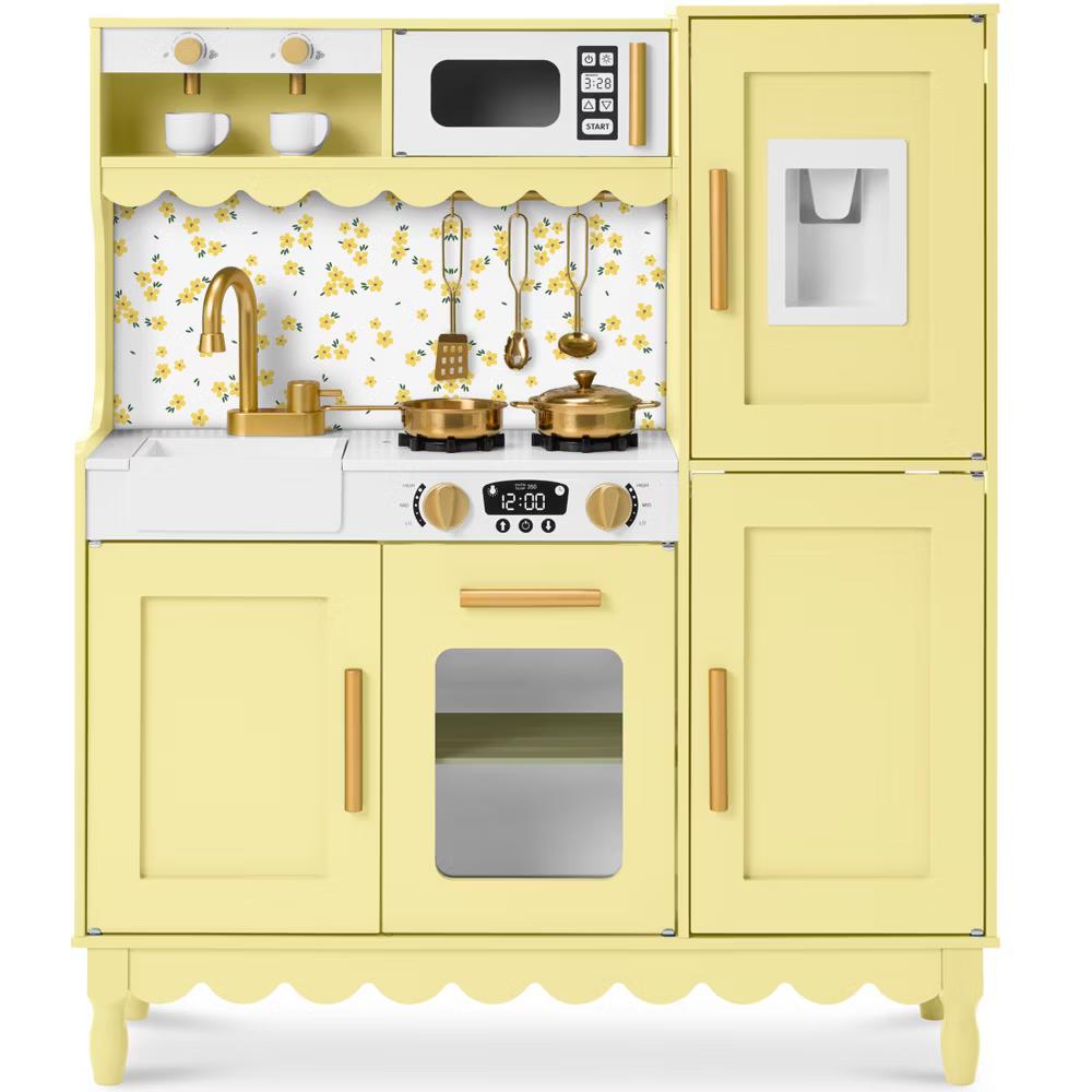 Wooden Cottage Kids Pretend Play Kitchen with 11 Accessories, Espresso Machine - Pink - Image 8