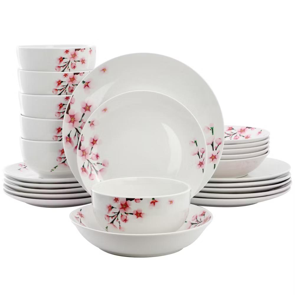 Tamara Cherry Blossom Porcelain Dinnerware Set in White and Pink - Image 19