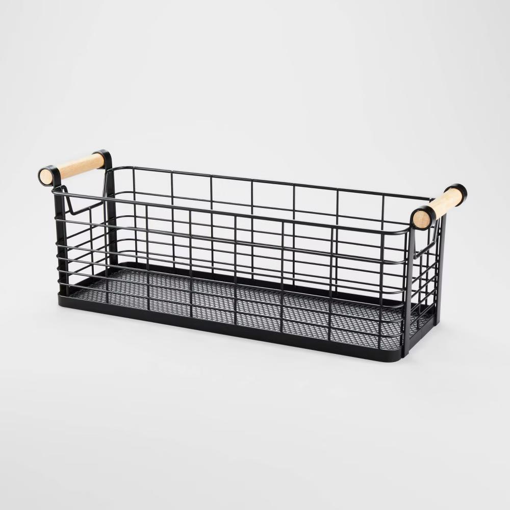 Rectangular Wire Natural Wood Handles Basket - Image 13