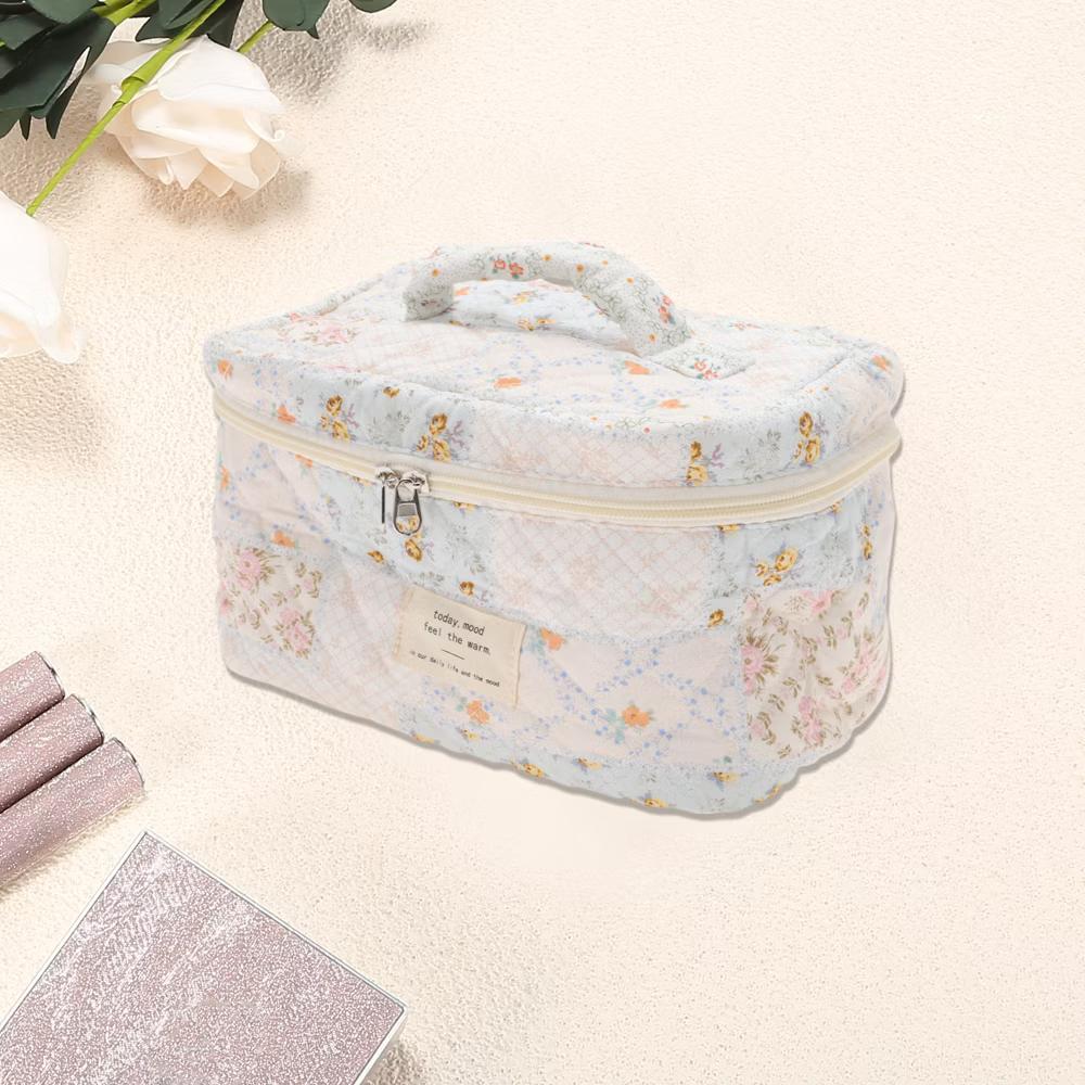 Floral Handheld Quilting Makeup Bag White Blue 1 Pc - Image 3