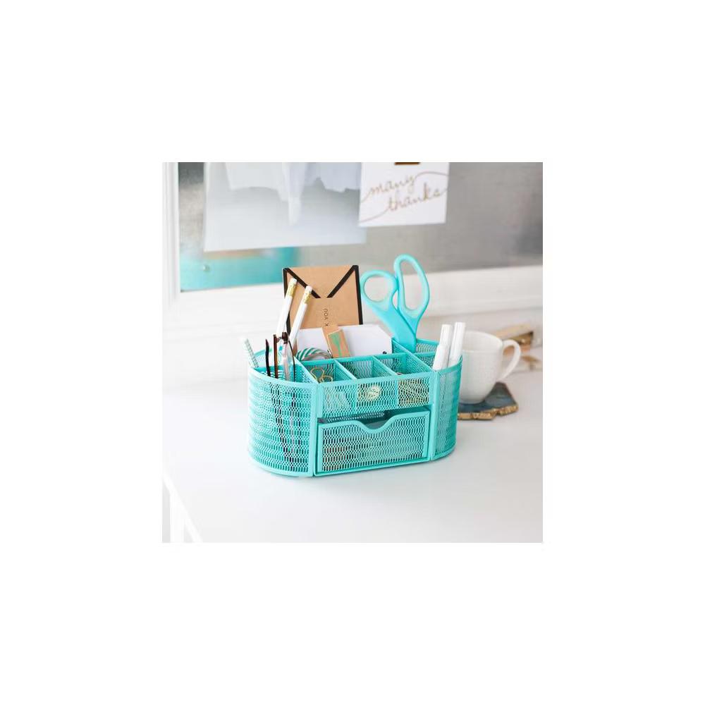 Blu Monaco Small Metal Mesh Desk Organizer with Drawer - Available in Aqua, Gold, and Pink - Image 4