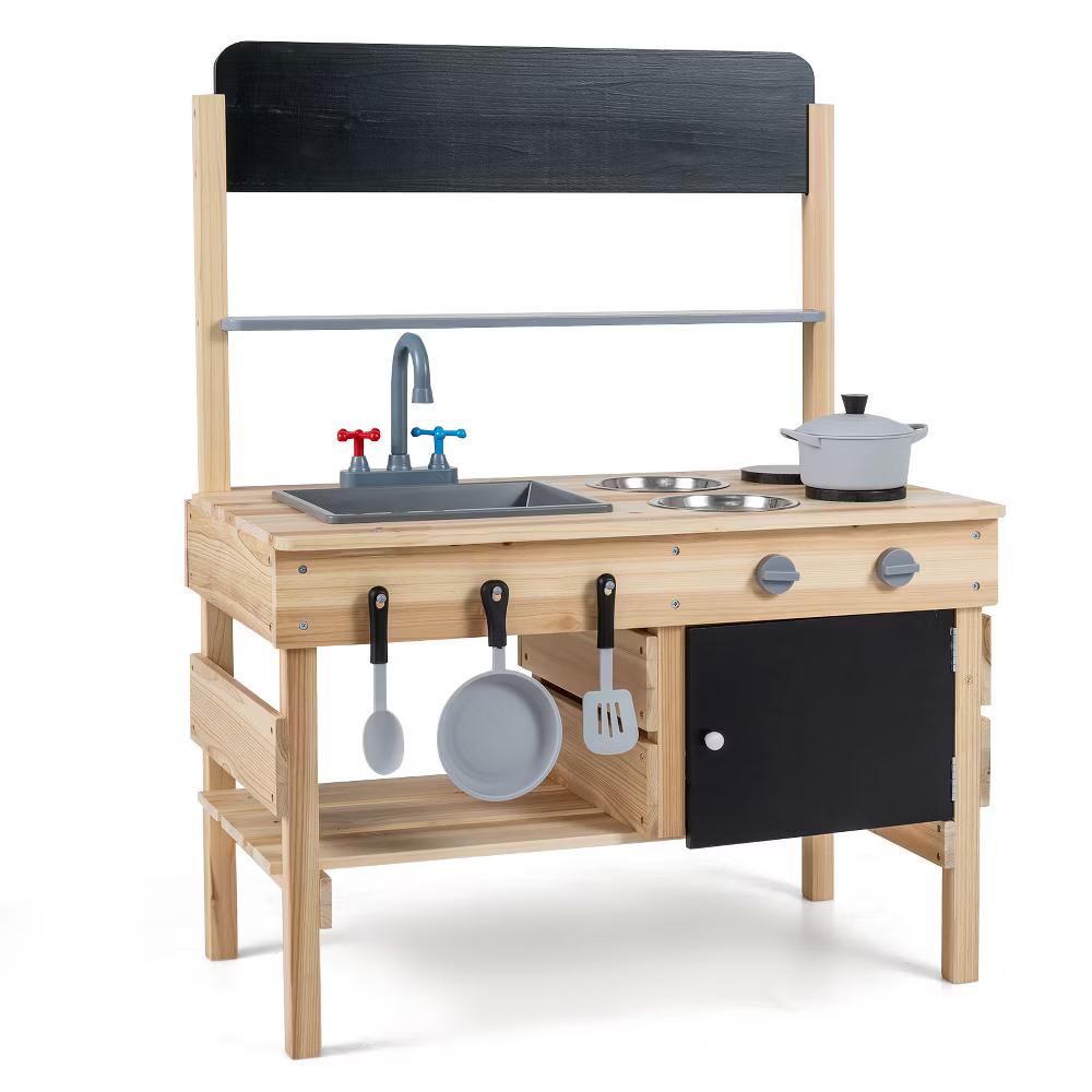 Outdoor Mud Kitchen for Kids, Wooden Play Pretend Kitchen with Cooking Accessories Natural - Image 5