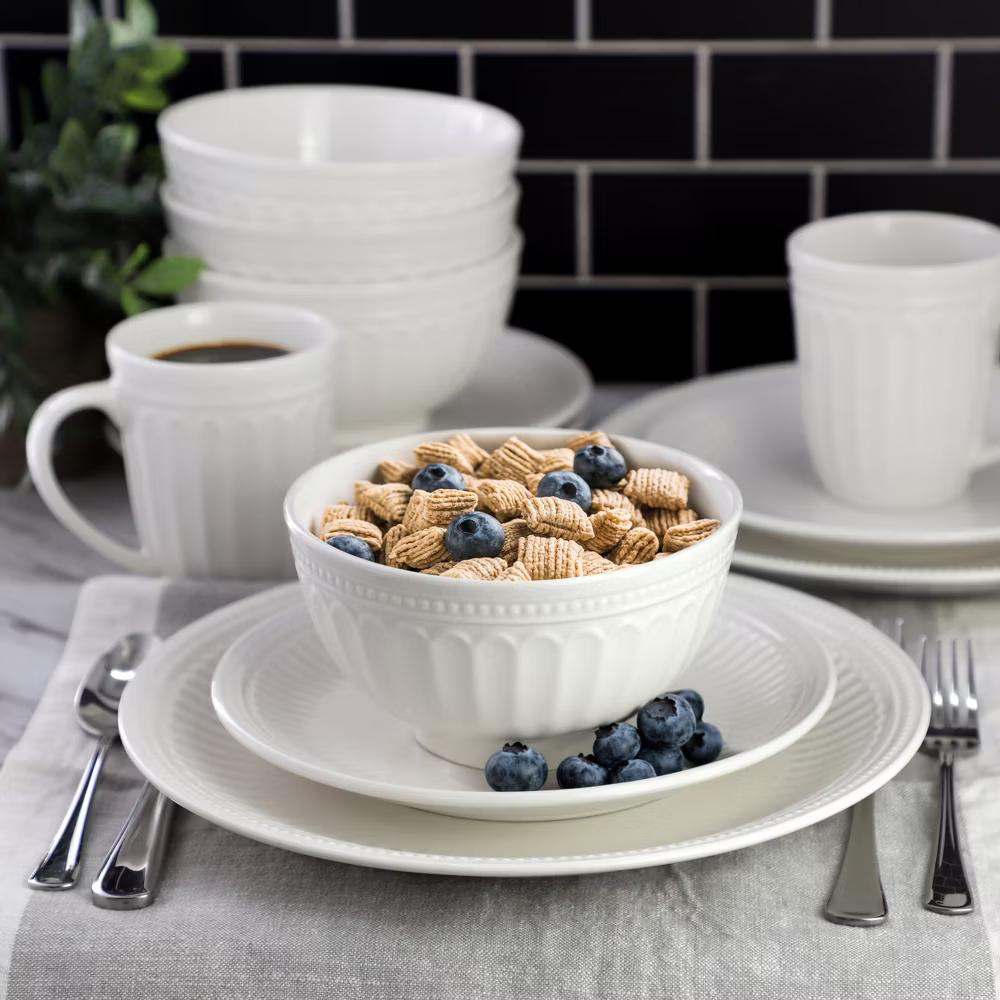 Embossed Arch and Dot Stoneware Dinnerware Set in White - Image 9