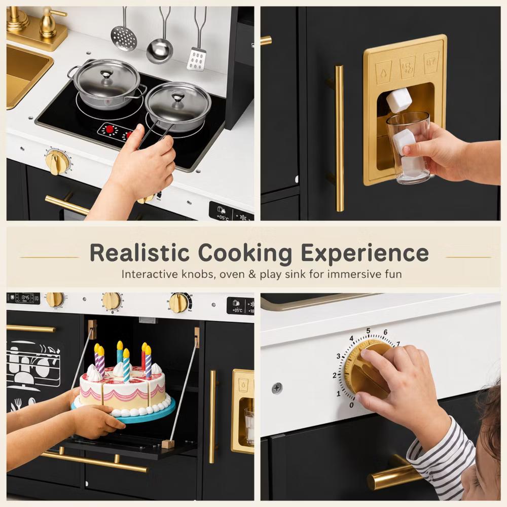 Wooden Play Kitchen for Kids with Running Water Sink, Interactive Stove, Ice Maker, Microwave, Oven & Dishwasher, Ages 3+ - Image 22