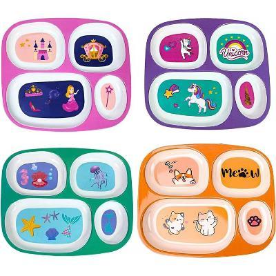 4E’s Novelty Kids Melamine Divided Dinner Plates – Set of 4 BPA-Free Plates for Picky Eaters