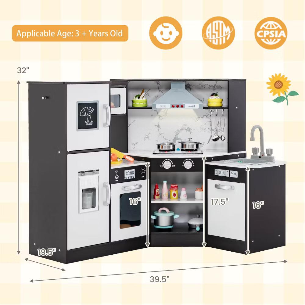 Kids Corner Kitchen Playset Wooden Pretend Play Toy with Microwave WhiteCoffee - Image 3