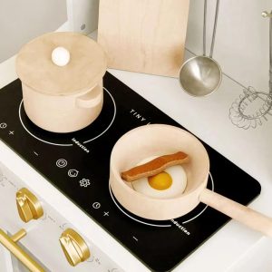 Iconic Wooden Play Kitchen – Cream Pretend Cooking Set for Kids, Toy Kitchen Playset with Chef Hat & Apron