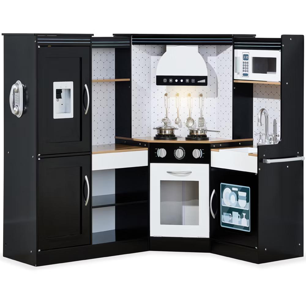 Pretend Play Corner Kitchen, Interactive Wooden Kids Set w/ Lights & Sounds - White - Image 17