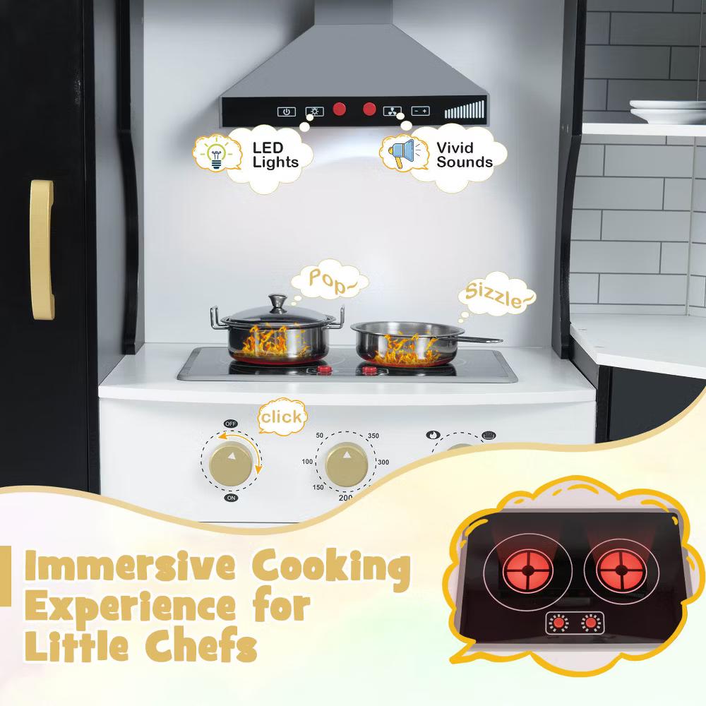 Corner Play Kitchen Toddler Kitchen Playset with Range Hood, Ice Maker, Microwave White/Pink - Image 8
