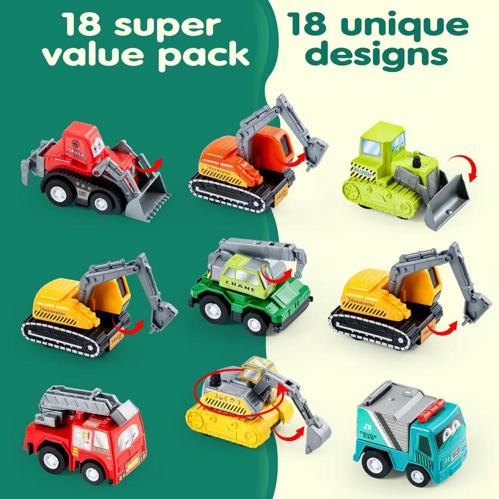 18 Pcs Toy Cars for kids, Friction Pull Back Play Car Vehicle Party Favors, Mini Excavator Toy Trucks for Boys 2 3 4 5 6 Years Old - Image 3