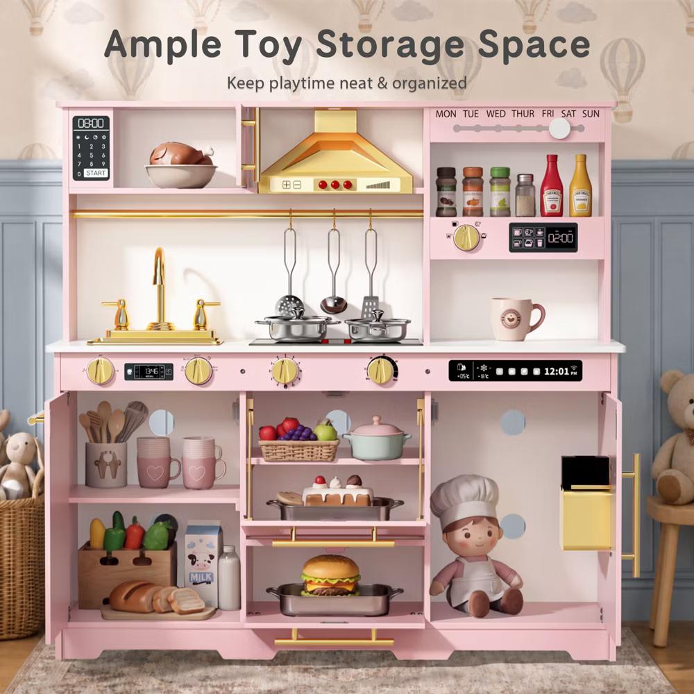 Wooden Play Kitchen for Kids with Running Water Sink, Interactive Stove, Ice Maker, Microwave, Oven & Dishwasher, Ages 3+ - Image 53