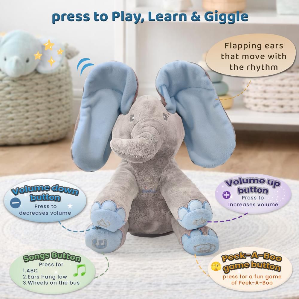 Dimple Kyle Peek-a-Boo Elephant Plush Toy with Music and Flapping Ears - Blue, 3M+ - Image 4