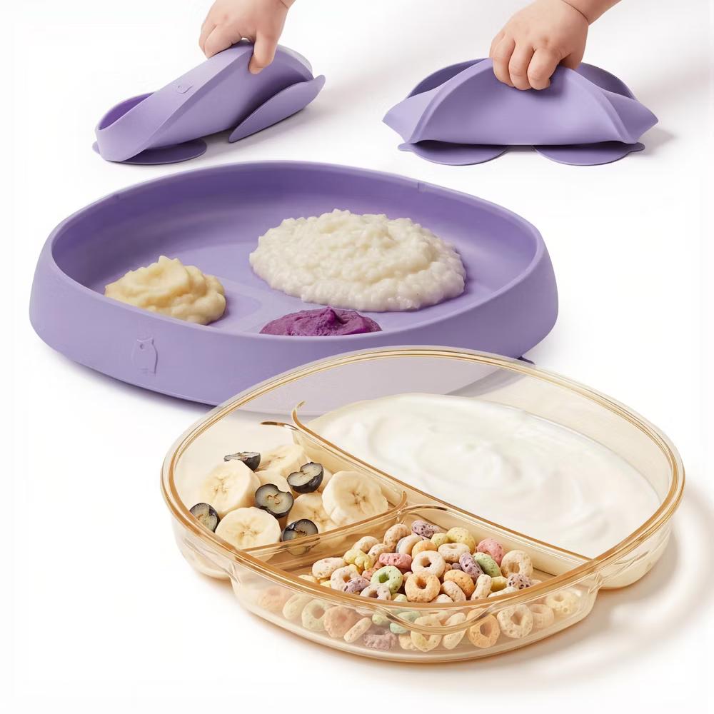 2PCS Baby Divided Dishes Plates with Suction Base for 0-3 Years Old Toddler BPA Free Non-Toxic PPSU Food Grade Silicone Microwave Iris Lilac