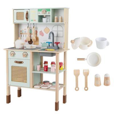 Kids Play Kitchen Wooden Pretend Kitchen Playset w/ Rattan Doors Wood Legs - Image 3