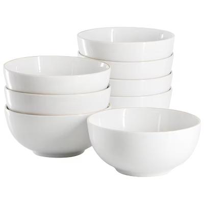 Ogalla 8 Piece Fine Ceramic 6 Inch 22 Ounce Cereal Bowl Set in White with Gold Rim
