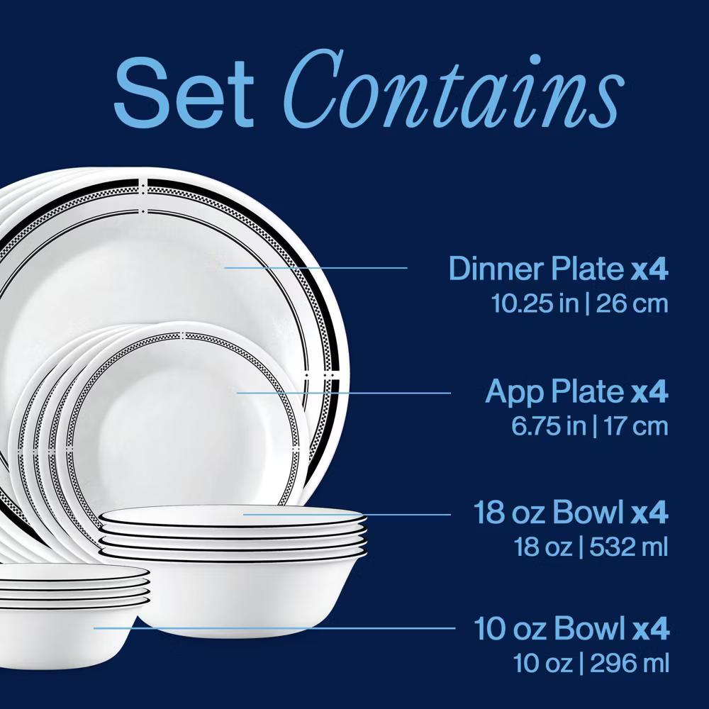 16pc Vitrelle Brasserie Dinnerware Set: Geometric Pattern, Service for 4, Includes Plates & Bowls, Dishwasher-Safe - Image 8