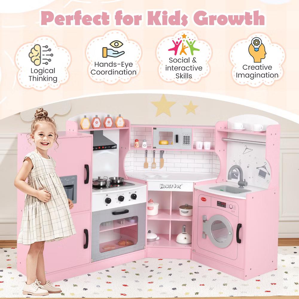 Corner Play Kitchen Toddler Kitchen Playset with Range Hood, Ice Maker, Microwave White/Pink - Image 24