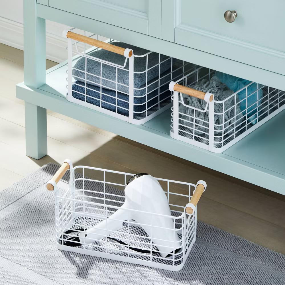 Rectangular Wire Natural Wood Handles Basket - Image 3