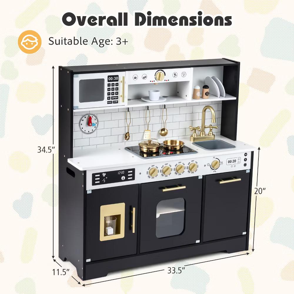 Play Kitchen for Kids, Wooden Kitchen Playset with Realistic Lights & Sounds White/Black