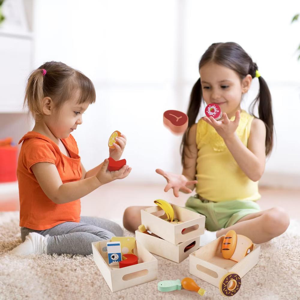 Etokfoks Wooden Play Food Set 18 Piece Pretend Kitchen Toy Food Groups for Toddlers 1 2 3 Year Olds Includes 4 Storage Boxes - Image 3