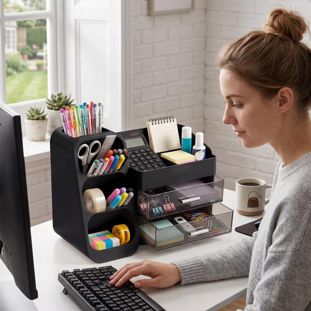 Desktop Organizer with Pen Holder, Multi-Grid Stationary Storage Caddy with 2 Clear Drawers for Office Supplies & Makeup - Image 3