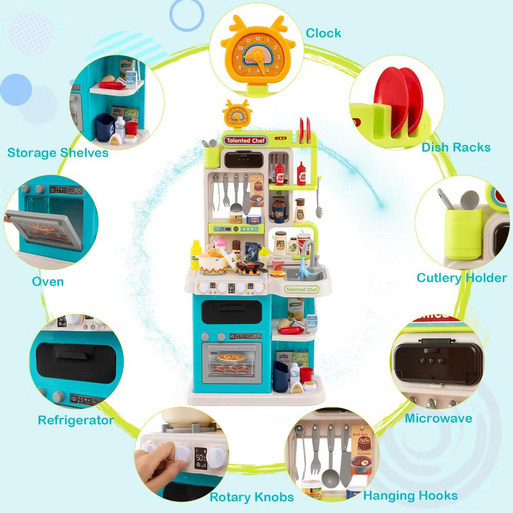 Kids Kitchen Playset with Realistic Sounds Lights Play Sink 95 PCS Accessories Blue/Pink - Image 3