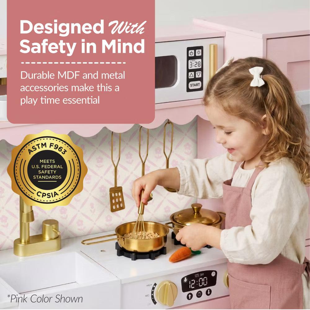 Wooden Cottage Kids Pretend Play Kitchen with 11 Accessories, Espresso Machine - Pink - Image 26
