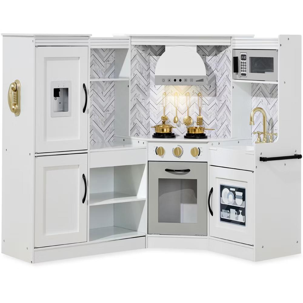 Pretend Play Corner Kitchen, Interactive Wooden Kids Set w/ Lights & Sounds - White - Image 68