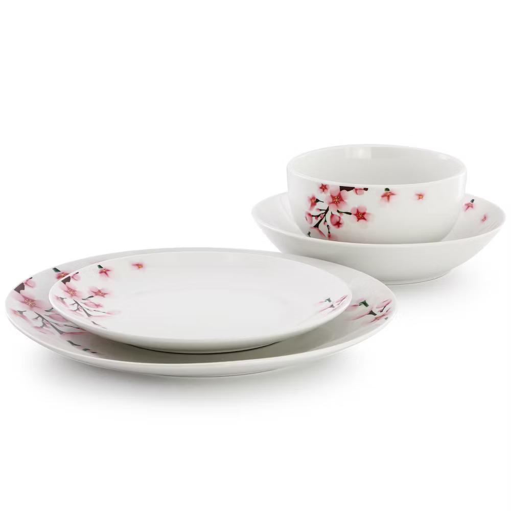 Tamara Cherry Blossom Porcelain Dinnerware Set in White and Pink - Image 10