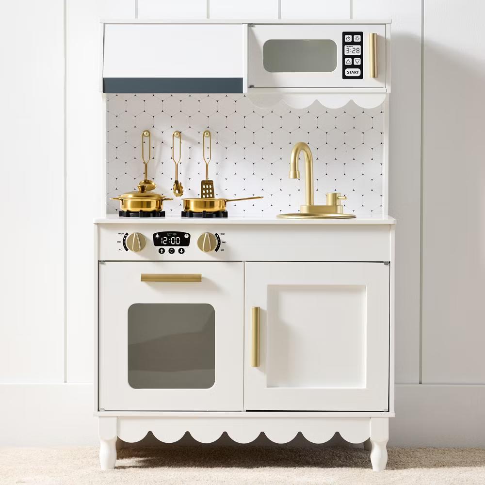 Wooden Cottage Kids Pretend Play Kitchen with 5 Accessories and Toy Storage - White - Image 63