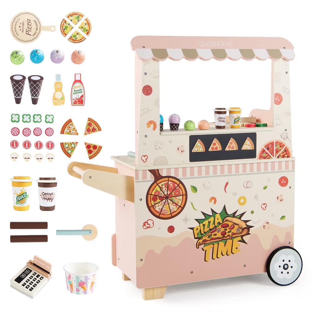 2 in 1 Pretend Play Food Truck Kids Ice Cream & Pizza Cart w/ Canopy Oven - Image 3