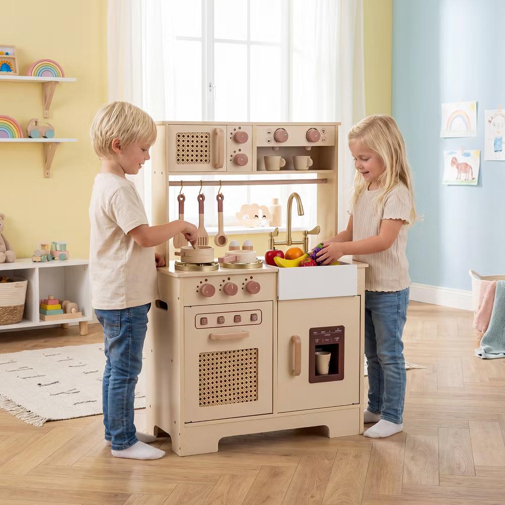 Kids Play Kitchen, Wooden Pretend Kitchen Playset with Rattan Doors, Stoves Yellow/Pink - Image 5