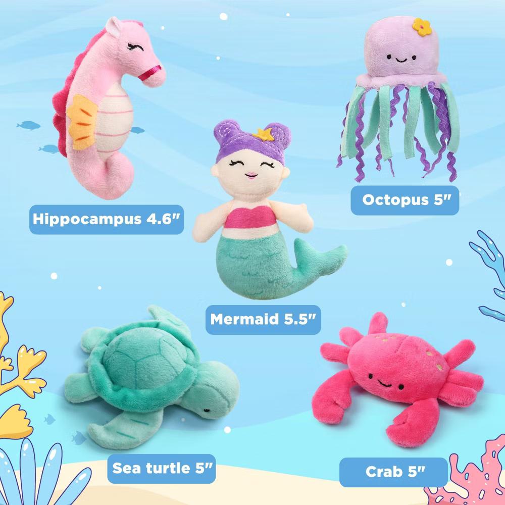 Ocean Stuffed Animal, 5 Pack Small Sea Creature Plush Toys and Shell Carrying Bag Set, Cute Plushies for Baby Kids - Image 6
