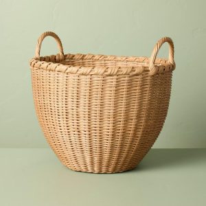 Round Woven Rattan Storage Basket with Handles - with Magnolia